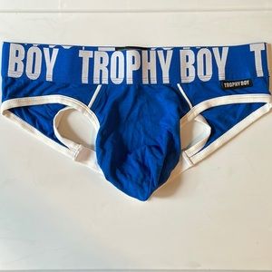 Andrew Christian Trophy Boy jockstrap, size M, blue and white
